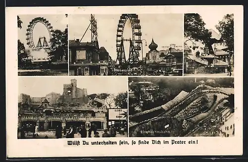 AK Wien, Prater, Riesenrad, Hochschaubahn, Geisterschloss