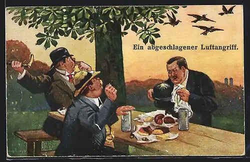 AK Ein abgeschlagener Luftangriff, Vogel hat einem Herrn auf den Hut geschissen