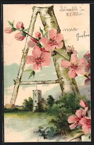 AK Rosa Blüten und Buchstabe A aus einem Birkenstamm