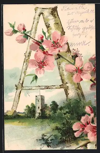 AK Rosa Blüten und Buchstabe A aus einem Birkenstamm