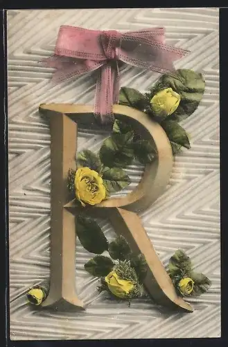 AK Buchstabe R mit gelben Rosen