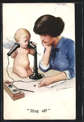 AK Engel spricht in ein Telefon, Telefonistin