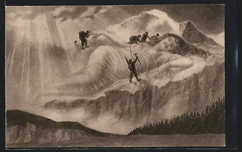 AK Die Jungfrau, Bergsteiger besteigen Riesin, Berg mit Gesicht / Berggesicht, Berggesichter