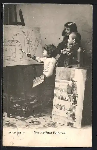 AK Nos Artistes Peintres, Kleiner Maler mit Bewunderern