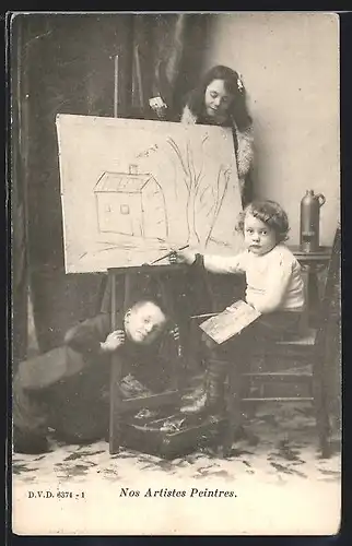 AK Nos Artistes Peintres, Kleiner Maler mit seinen Freunden