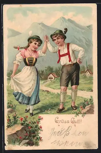Präge-AK Bayrisches Paar beim Volkstanz