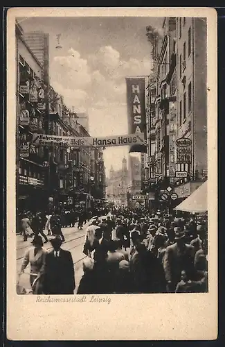 AK Leipzig, Strassenpartie mit Transparenten zur Leipziger Messe