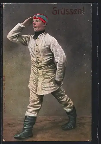 AK Soldat mit ernsten Gesicht salutiert