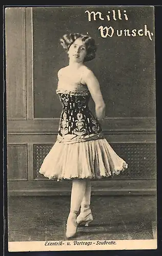 AK Milli Wunsch mit taillierten Kleid, Exentrik- u. Vortrags-Soubrette