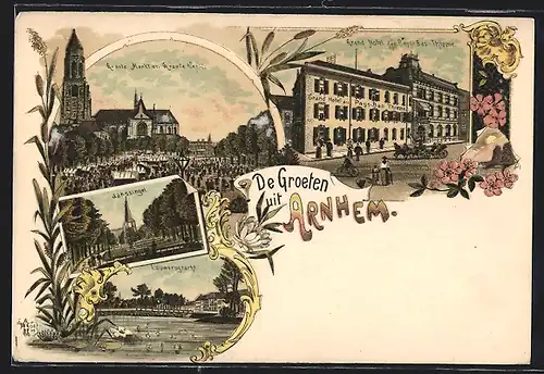 Lithographie Arnhem, Grand Hotel des Pays-Bas-Thieme, Lauwersgracht, Groote Markt en Groote Kerk