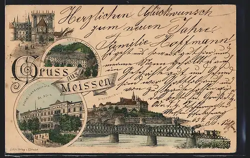 Vorläufer-Lithographie Meissen, 1890, Königl. Landesschule St. Afra, Königl.-Porzellan-Manufaktur
