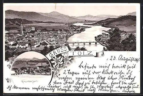 Vorläufer-Lithographie Tölz, 1895, Ortsansicht mit Krankenheil und Brücke