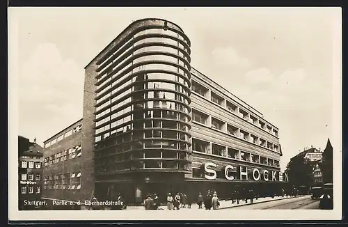AK Stuttgart, Kaufhaus Schocken im Bauhausstil an der Eberhardstrasse