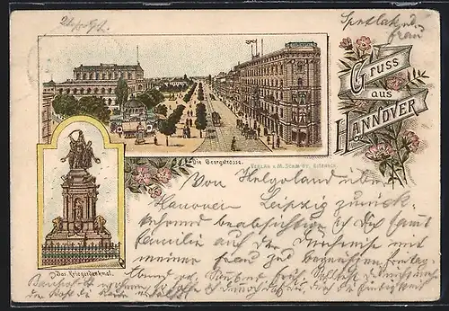 Vorläufer-Lithographie Hannover, 1891, Strassenbahn in der Georgstrasse, Kriegerdenkmal