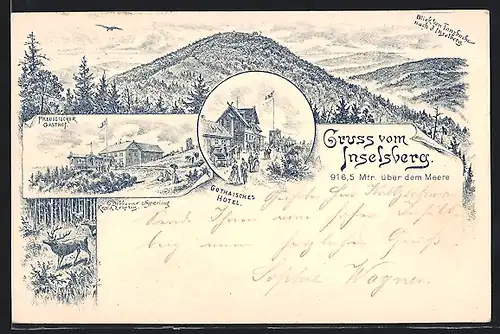 Vorläufer-Lithographie Inselsberg, 1895, Gothaisches Hotel, Preussischer Gasthof