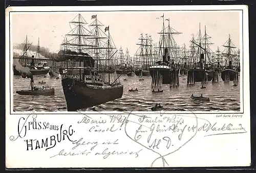 Vorläufer-Lithographie Hamburg, 1892, Dampfer und Segelschiffe liegen im Hafen