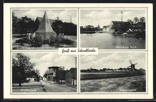 AK Schnellroda, Dorfstrasse, Kriegerdenkmal 1914 /18, Partie am Teich
