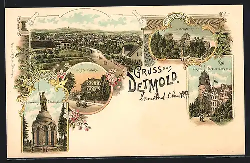 Lithographie Detmold, Fürstliches Residenzschloss, Fürstliches Palais, Hermanns-Denkmal