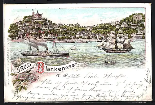 Lithographie Hamburg-Blankenese, Seitenraddampfer auf der Alster