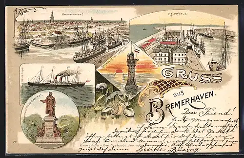 Lithographie Bremerhaven, Kaiserhaven, Rothesand-Leuchtthurm, Bürgermeister Smidr-Denkmal