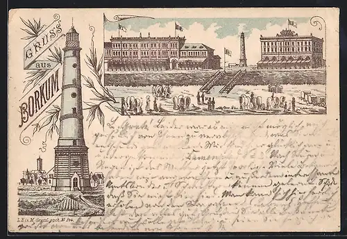 Lithographie Borkum, Hotel am Strand, Leuchtturm