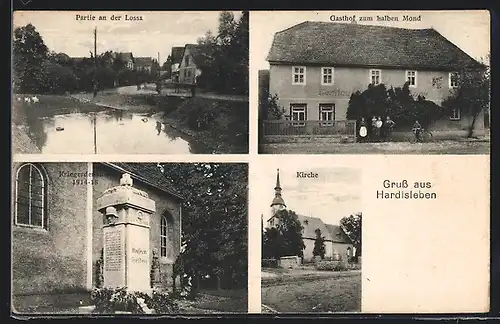 AK Hardisleben, Gasthaus zum halben Mond, Kriegerdenkmal, Kirche