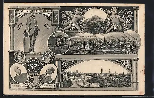 AK Essen, Festpostkarte 1912 Hundertjahrfeier des Hauses Krupp, Werke, Friedrich Alfred Krupp, Teilansicht