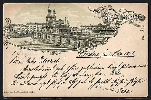 Lithographie Dresden, Uferpartie mit Brücke