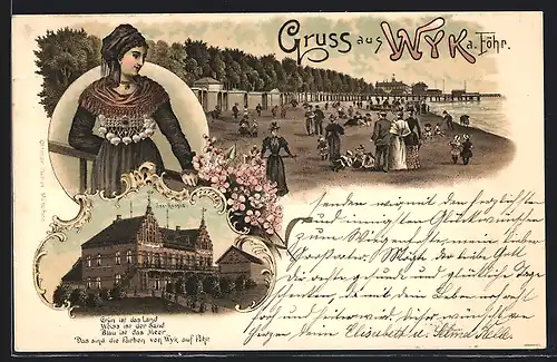 Lithographie Wyk a. Föhr, Spree-Hospiz, Strandleben und Frau in Nationaltracht