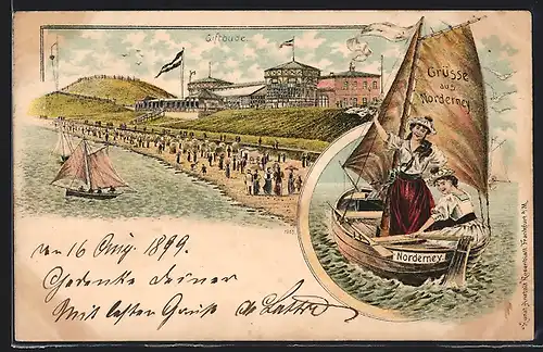Lithographie Norderney, Giftbude, zwei Seglerinnen auf einem kleinen Segelboot