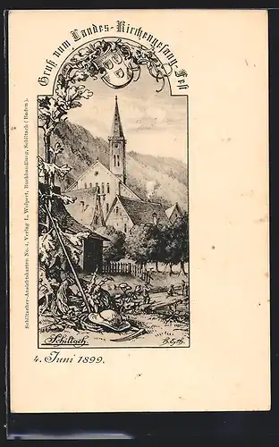 Künstler-AK Schiltach, Landes-Kirchengesang-Fest 1899, Ortspartie mit Kirche