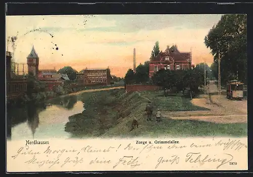 AK Nordhausen, Zorge u. Grimmelallee mit Strassenbahn