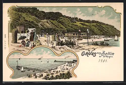 Lithographie Sellin /Rügen, Stranpartie mit Ostsee und Seesteg