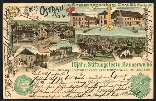 Lithographie Ostrau / Sachsen, Gasthof zur goldenen Taube, Bismarckplatz & Bahnhof