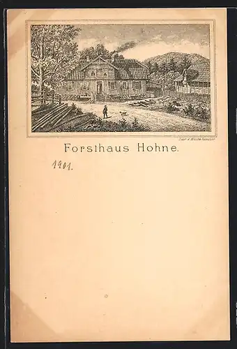 Lithographie Drei Annen Hohne, Partie am Forsthaus Hohne