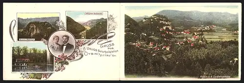 Klapp-AK Oybin i. Sa., A. Uhligs Naturheilstation, Gondelfahrt Weinau, Panorama