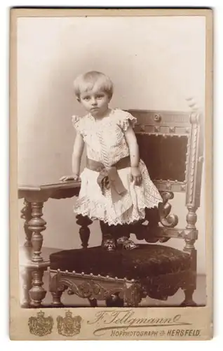 Fotografie F. Tellgmann, Hersfeld, Kleines Mädchen steht in weissem Kleid auf einem Stuhl