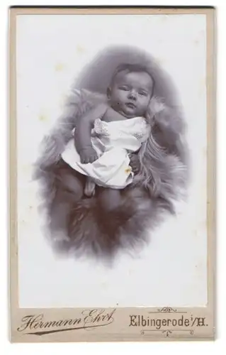 Fotografie Hermann Ehrt, Elbingerode /H., Kleinkind in weissem Hemd liegt auf einem Fell