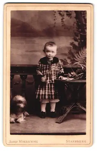 Fotografie Josef Woersching, Starnberg, junges Mädchen im karierten Kleid mit ihrem Hund am Boden