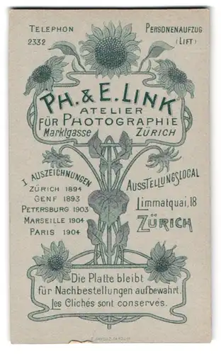 Fotografie Ph. & E. Link, Zürich, Sonnenblumen als Umrandung für Anschrift des Ateliers