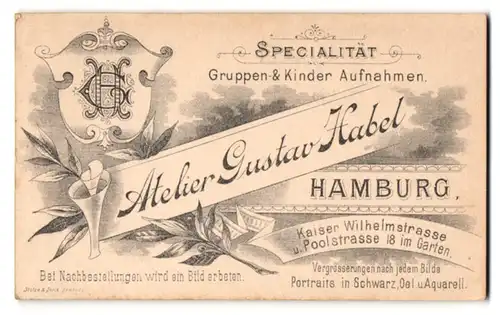 Fotografie Gustav Habel, Hamburg, Kaiser Wilhelmstr, Monogramm des Fotografen nebst Anschrift des Atelier