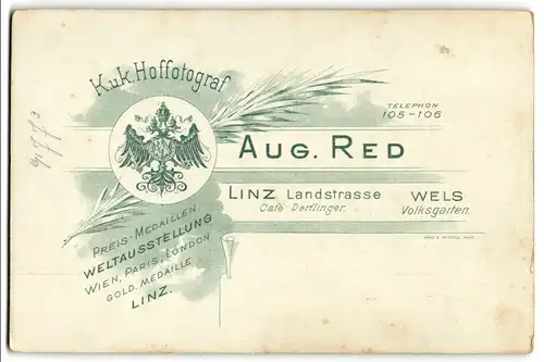Fotografie Aug. Red, Linz, Landstr., kgl. österreichischer Wappenadler nebst Anschrift des Ateliers