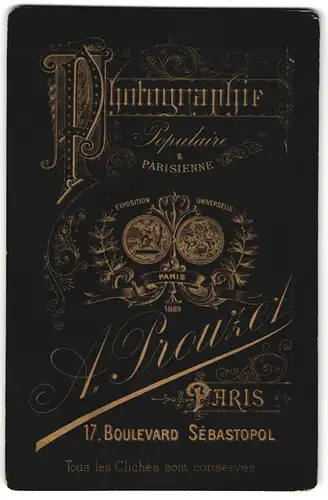 Fotografie A. Prouzet, Paris, 17 Boulevard Sebastopol, Anschrift des Ateliers in verschiedenen Schriftarten