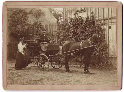 Fotografie unbekannter Fotograf und Ort, Kutscher mit Ross und Kutsche vor der Ausfahrt