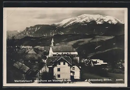 AK St. Corona am Wechsel, Teilansicht mit Kirche gegen verschneite Berge