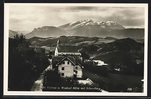 AK St. Corona a. Wechsel, Strassenpartie mit Kirche, Schneeberg im Hintergrund