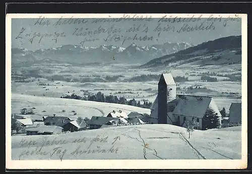 AK Mittelberg, Ortsansicht mit Kirche im Schnee