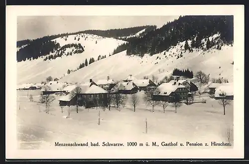 AK Menzenschwand im bad. Schwarzwald, Gasthof und Pension z. Hirschen im eingeschneiten Ort