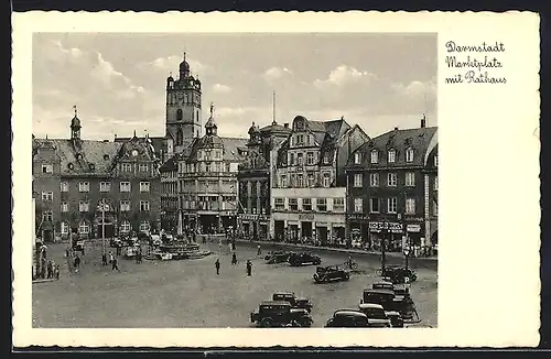 AK Darmstadt, Marktplatz mit Rathaus