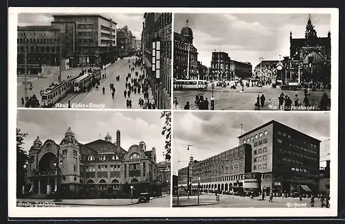 AK Essen, Strasse mit Strassenbahnen, Hauptbahnhof, Städt. Saalbau, Postamt